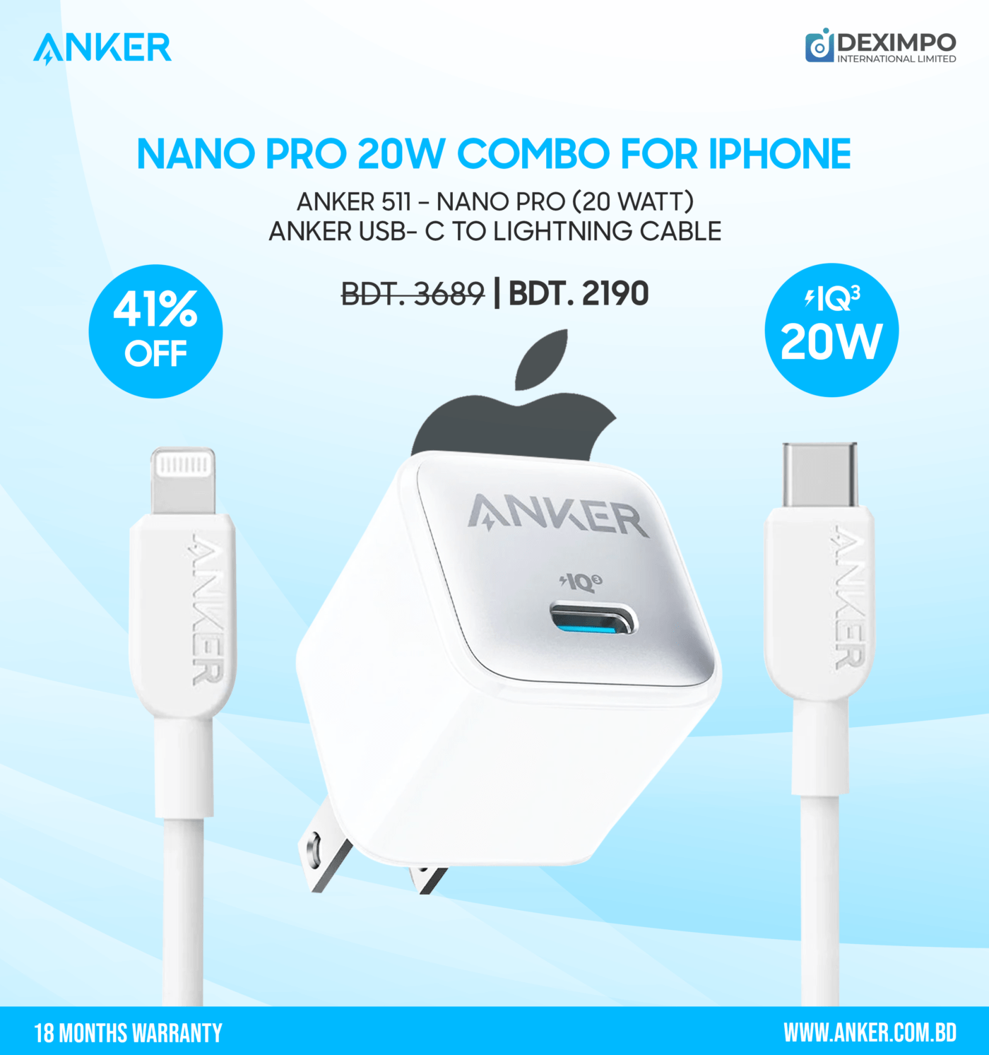 Anker Nano Pro 20w Combo For IPhone 1deximpo_anker_bangladesh_Acefast_bangladesh