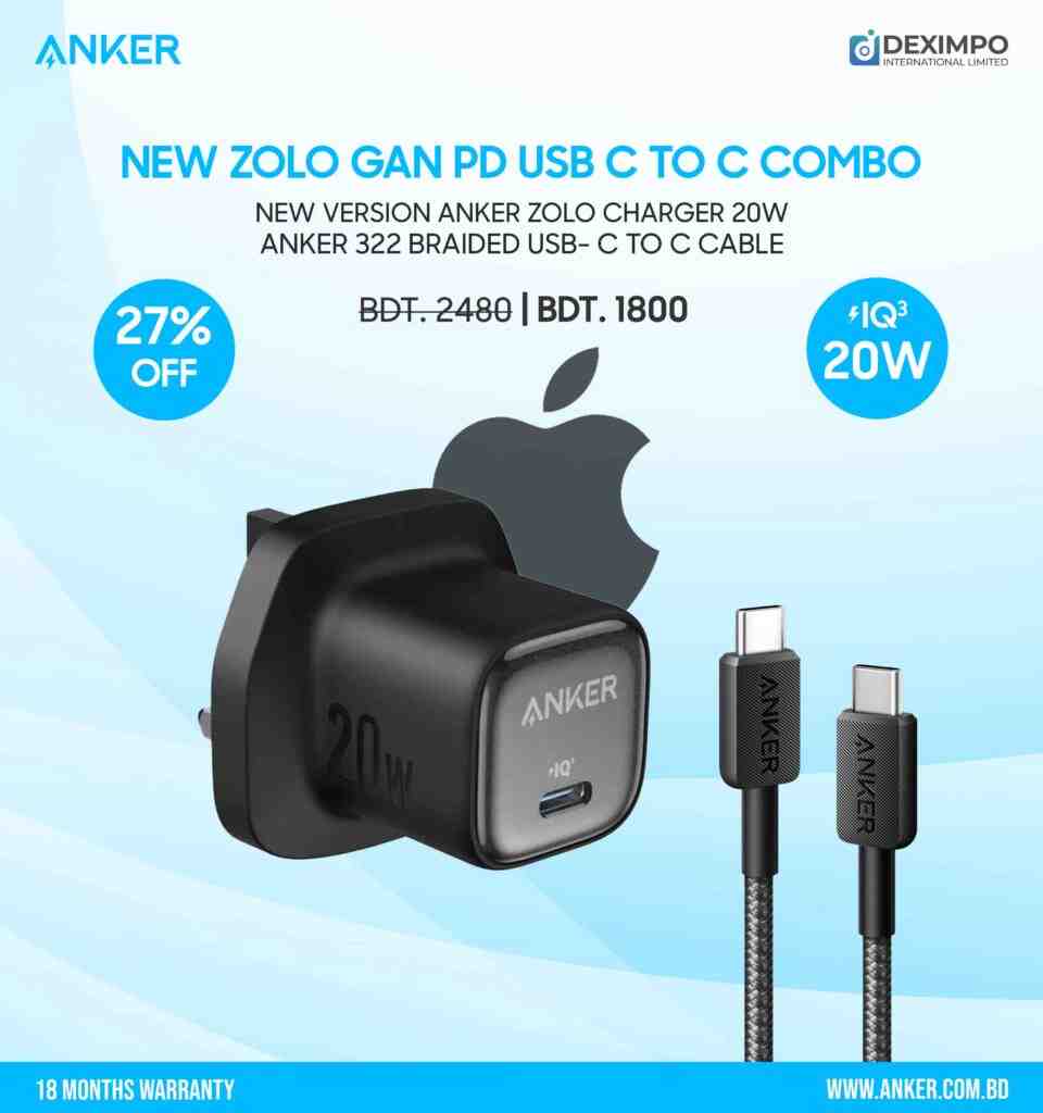 New Zolo 20W USB C Combo Braided Blackdeximpo_anker_bangladesh_Acefast_bangladesh